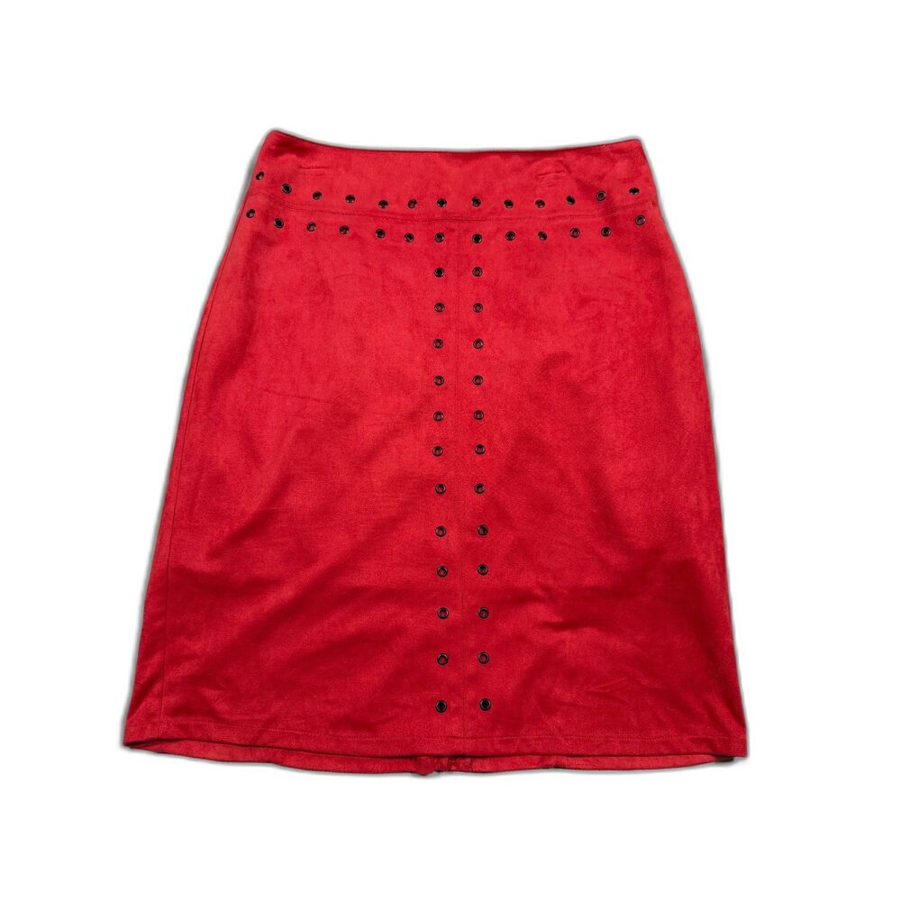 WD•NY NWT Red Faux Suede Grommet Skirt - Edgy Western Chic A-Line - Size L
